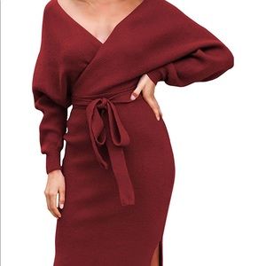 Viottiset Women's V Neck Long Batwing Sleeve Wrap Midi Knit Sweater Dress- NWOT